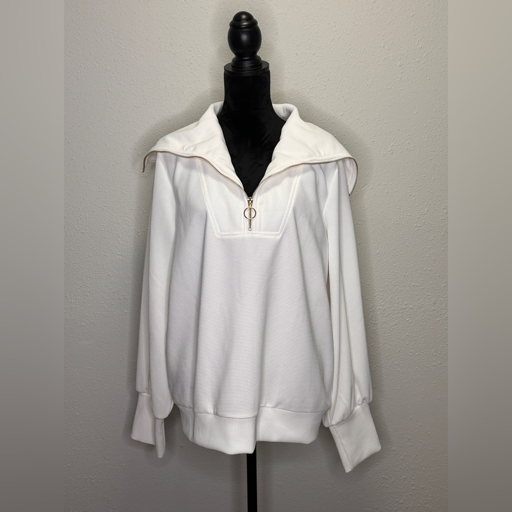 EFAN White Quarter-Zip Ribbed Wide-Collar Pullover – Size XL